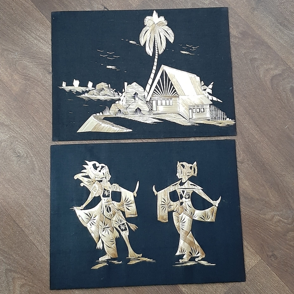 Vintage Asian Folk Art Pressed Bamboo Leaf Black Silk Set of 2 15 3/4" x 11 3/4"